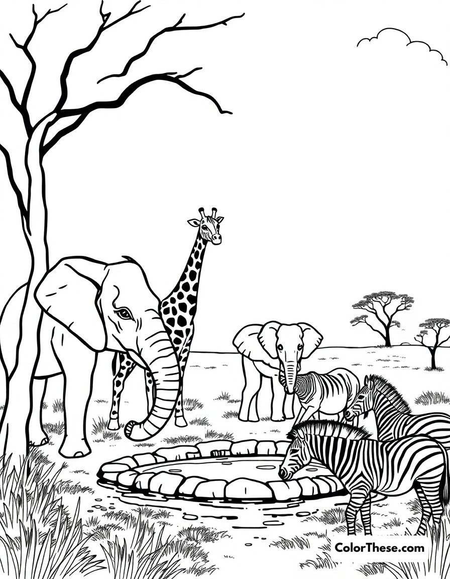 Free printable african safari coloring page for kids and adults - A a beautiful savanna scene featuring giraffes, elephants, and zebras gathering around a watering hole.