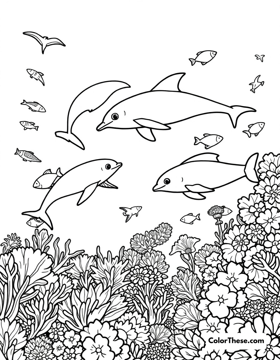 Free printable underwater friends coloring page for kids and adults - A a vibrant coral reef scene with dolphins, tropical fish, and sea turtles swimming together.