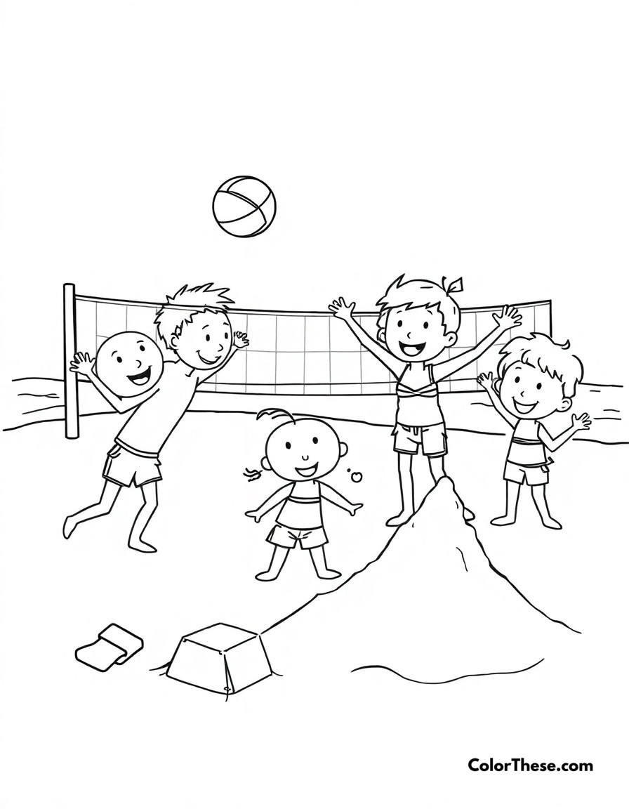 Free printable beach episode coloring page for kids and adults - A fun beach scene with characters playing volleyball and building sandcastles.