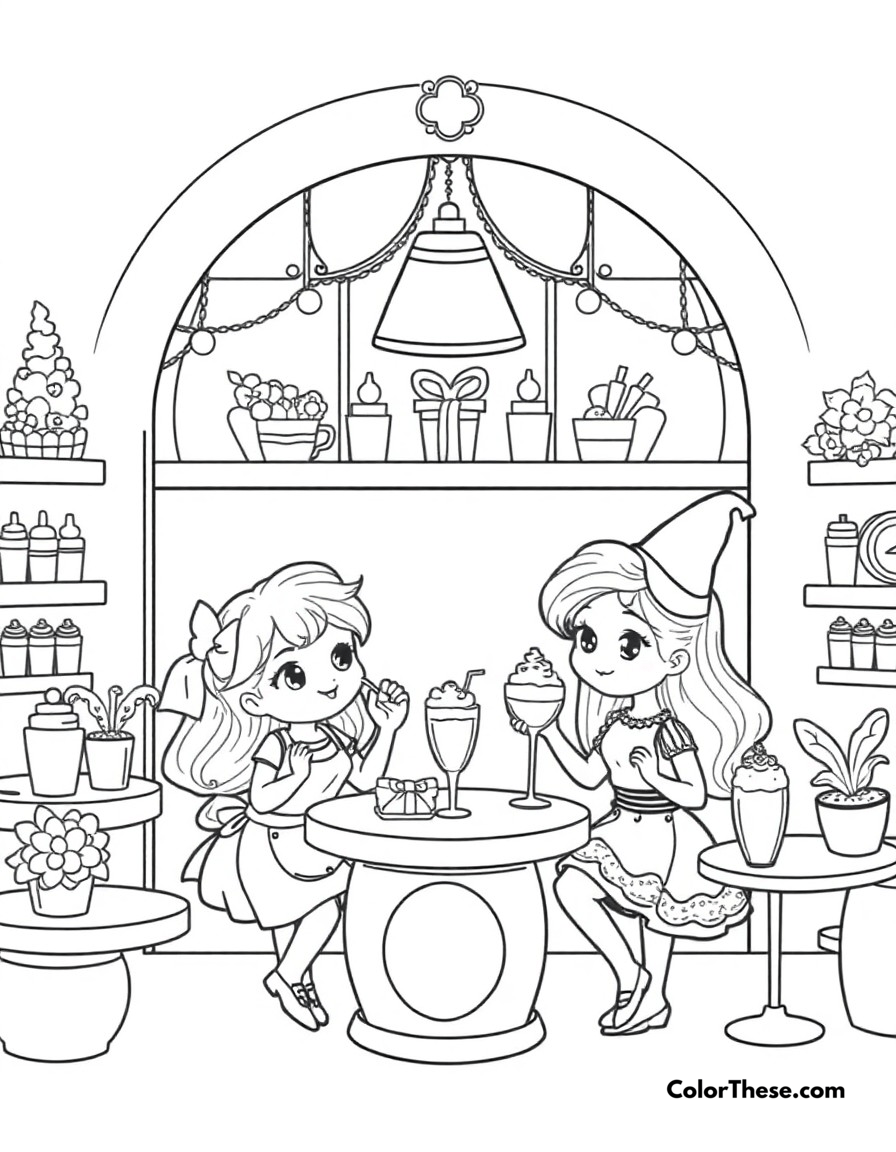 Free printable cute cafe scene coloring page for kids and adults - A adorable characters working in a magical cafe with fancy desserts and drinks.