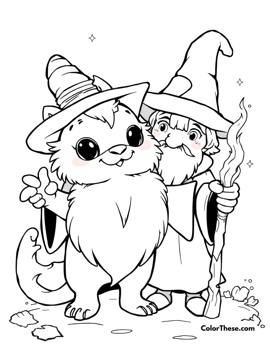 Free printable magical familiar coloring page for kids and adults - A cute magical creature companion with its wizard friend casting spells.