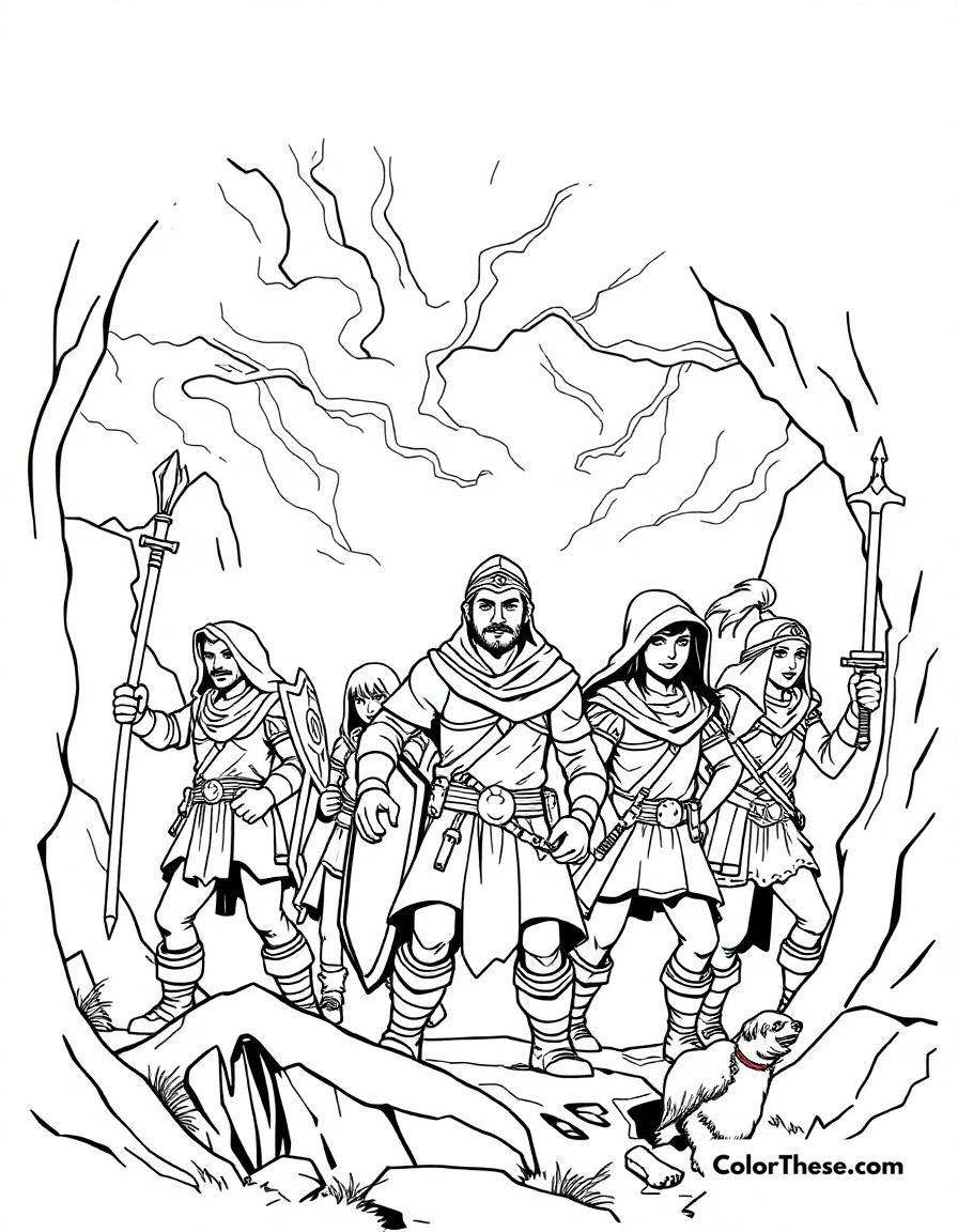 Free printable fantasy quest coloring page for kids and adults - A adventure party of heroes embarking on an epic fantasy quest.