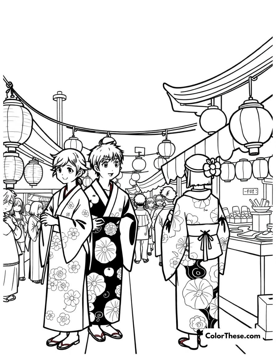 Free printable festival night coloring page for kids and adults - A characters in yukatas enjoying a traditional japanese festival with lanterns and food stalls.