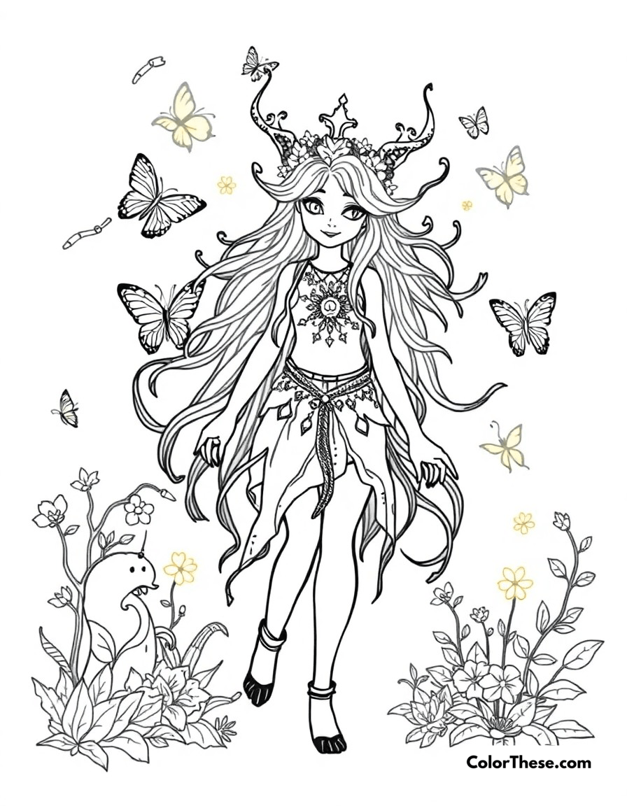 Free printable magical forest spirit coloring page for kids and adults - A a mystical forest spirit character surrounded by glowing butterflies and magical forest elements.