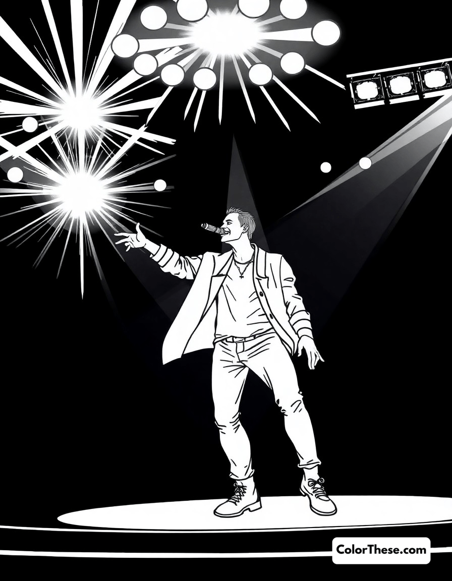 Free printable idol performance coloring page for kids and adults - A energetic idol performer on stage with spectacular lighting and effects.