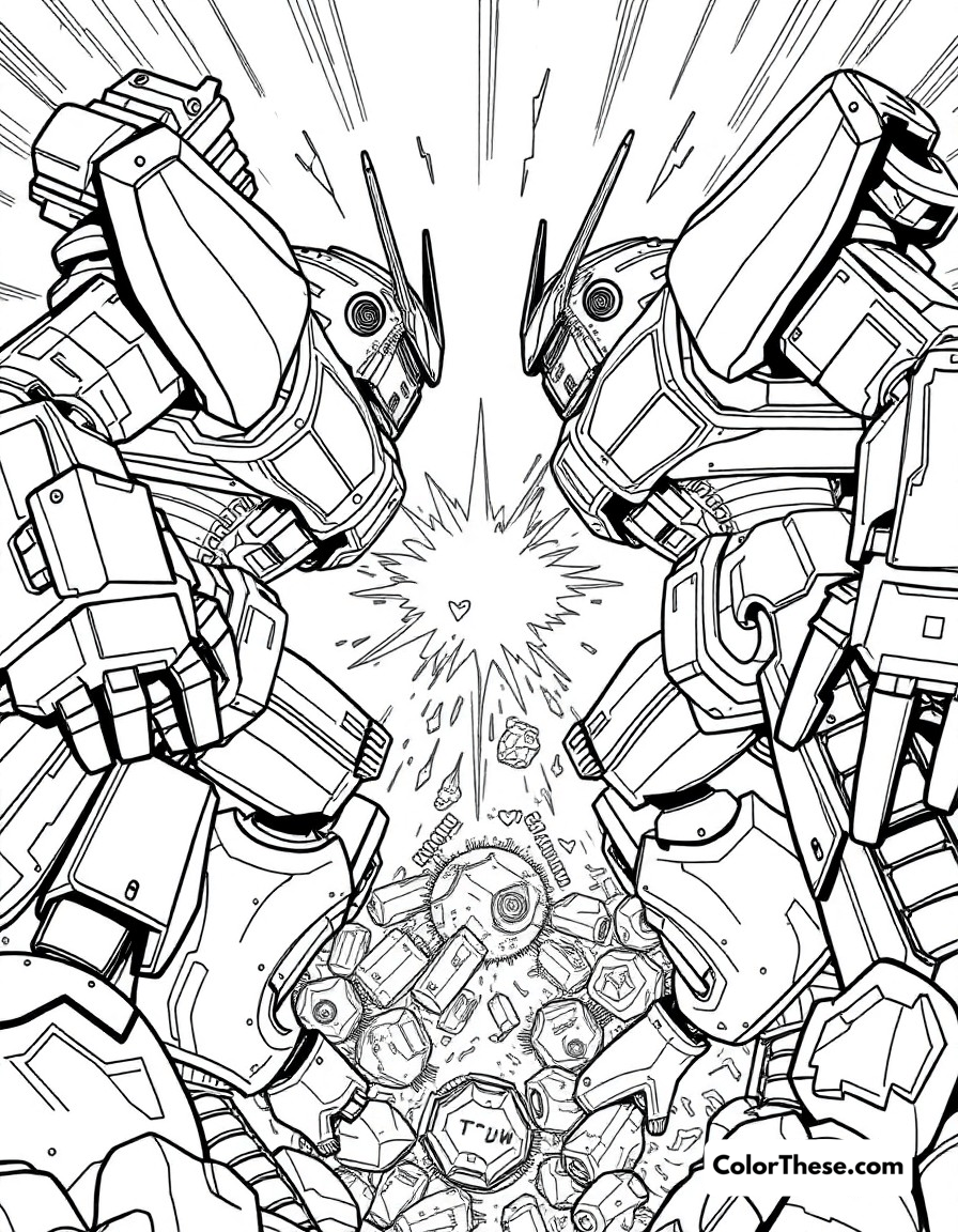 Free printable mecha battle coloring page for kids and adults - A giant robot warriors facing off in an epic battle scene with energy weapons and dramatic effects.