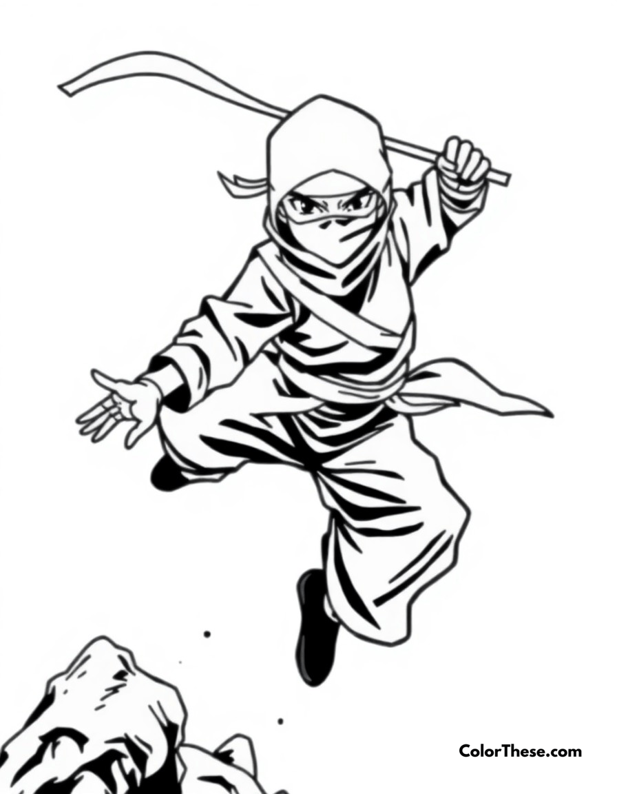 Free printable ninja adventure coloring page for kids and adults - A a young ninja leaping through the air, performing an impressive jutsu technique.