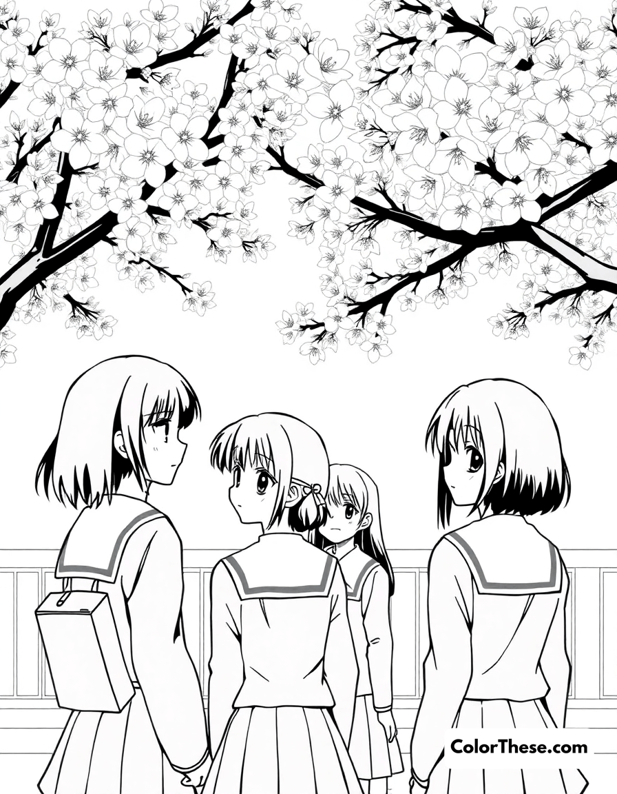 Free printable school life scene coloring page for kids and adults - A classic anime school scene with students in uniform under blooming cherry blossoms.