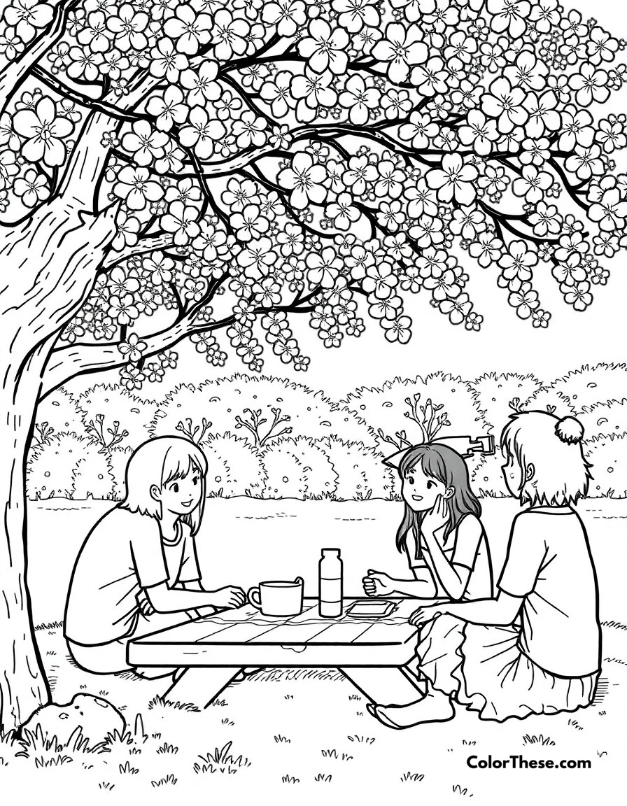 Free printable slice of life coloring page for kids and adults - A peaceful everyday scene with friends enjoying a picnic under cherry blossoms.