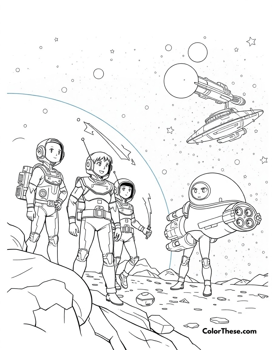 Free printable space adventure coloring page for kids and adults - A anime characters exploring space in futuristic suits and spaceships.