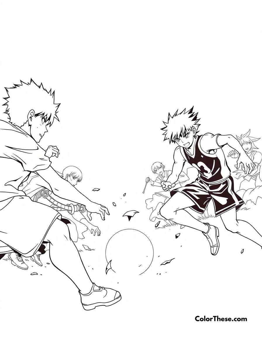 Free printable sports tournament coloring page for kids and adults - A dynamic scene from a sports anime featuring characters in intense competition.