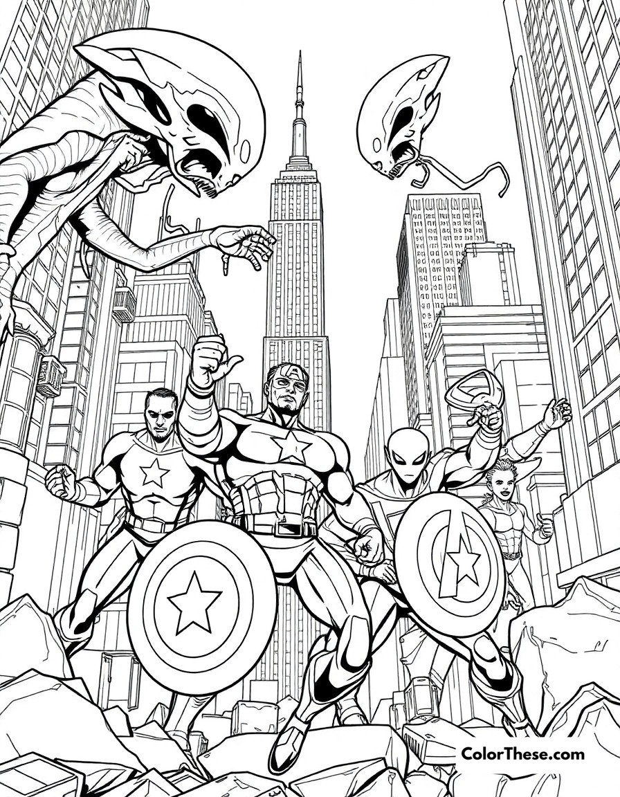 Free printable battle of new york coloring page for kids and adults - A the avengers defending new york city from alien invasion.