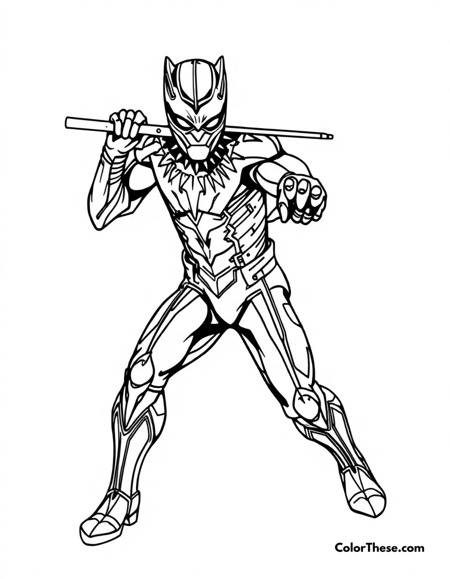 Free printable black panther's prowl coloring page for kids and adults - A black panther in a stealthy hunting pose with his suit glowing.