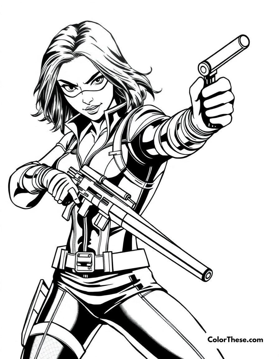 Free printable black widow's mission coloring page for kids and adults - A black widow in a stealthy action pose with her signature weapons.