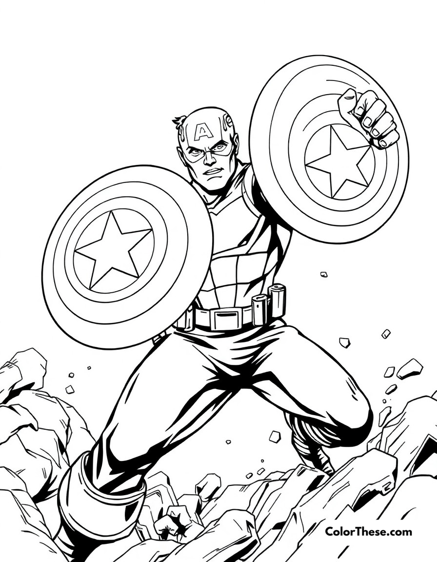 Free printable captain america's shield coloring page for kids and adults - A captain america throwing his iconic shield in a dynamic action scene.