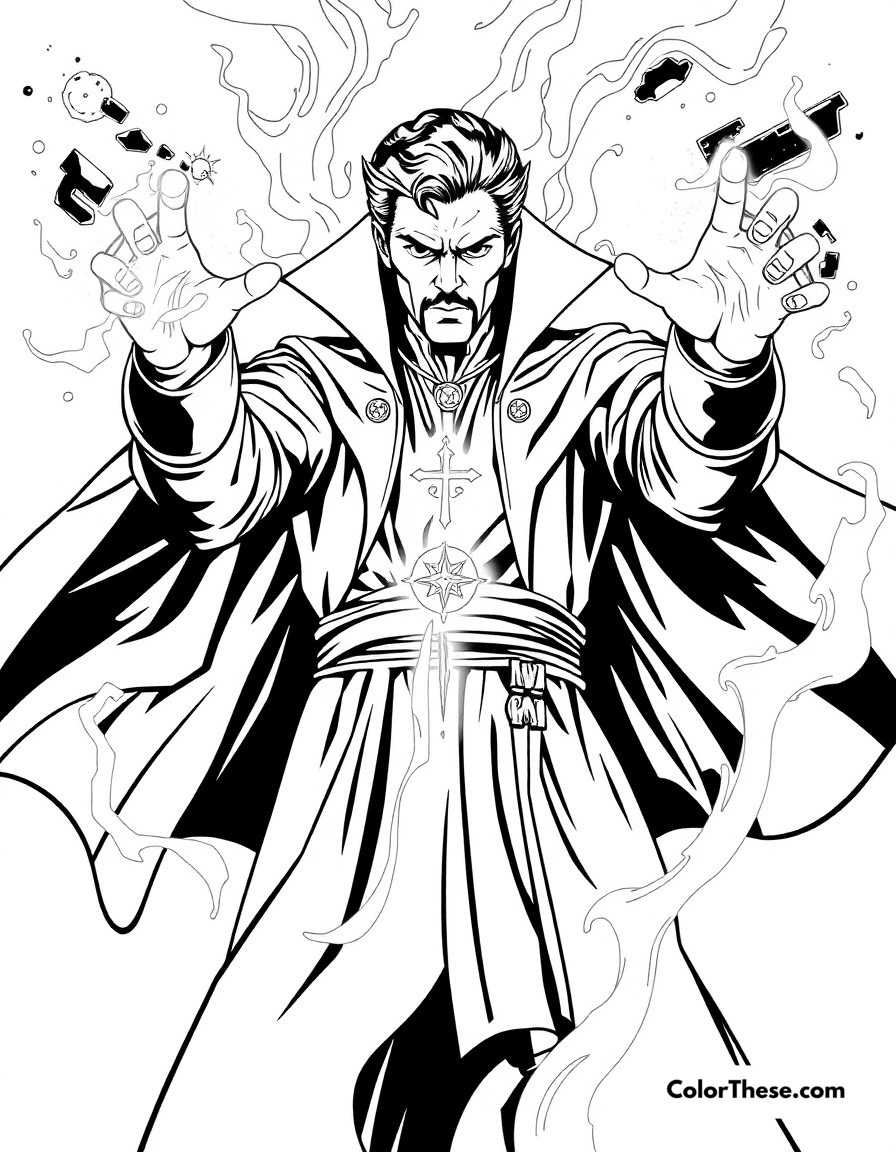 Free printable doctor strange's magic coloring page for kids and adults - A doctor strange casting powerful spells with mystical symbols.