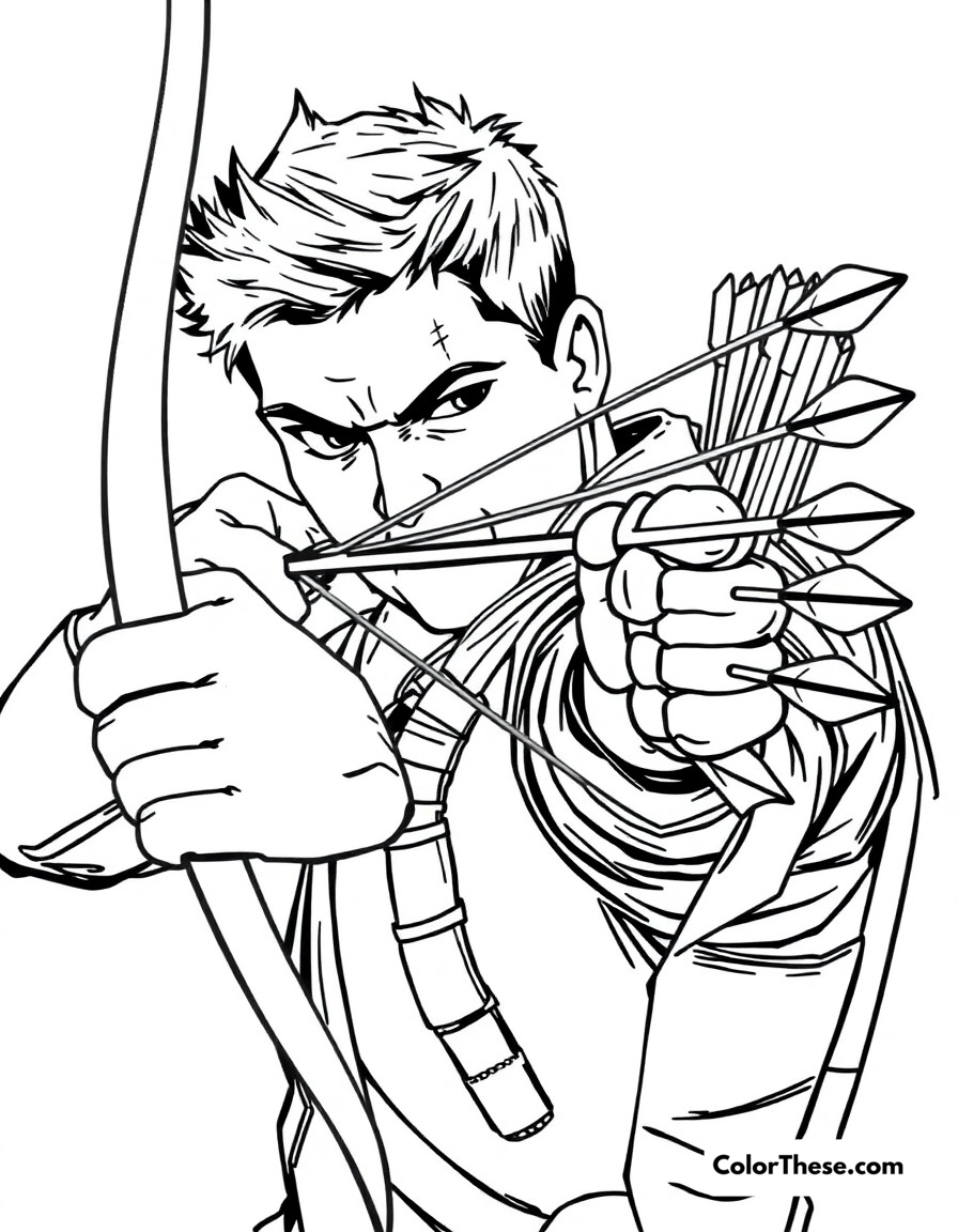 Free printable hawkeye's shot coloring page for kids and adults - A hawkeye taking aim with his bow and special arrows.