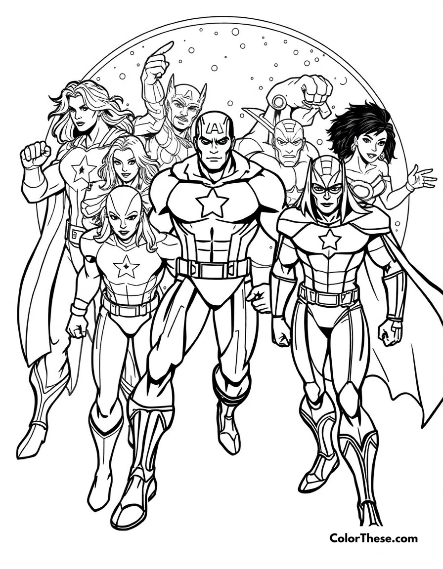 Free printable heroes united coloring page for kids and adults - A all the avengers working together to save the world.