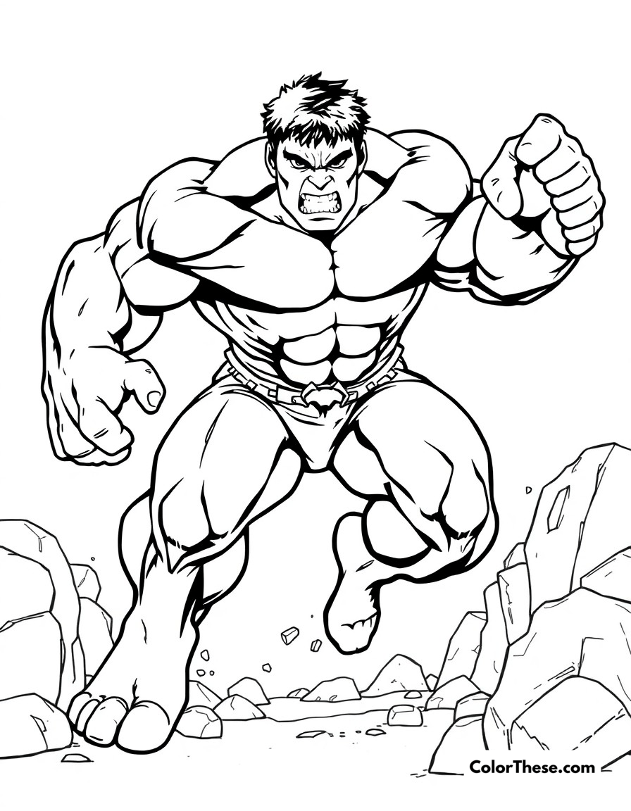 Free printable hulk smash coloring page for kids and adults - A the incredible hulk mid-leap, ready to smash through obstacles.