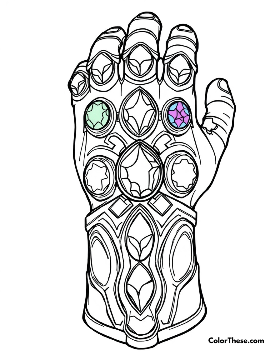 Free printable infinity gauntlet coloring page for kids and adults - A the powerful infinity gauntlet with all six infinity stones.