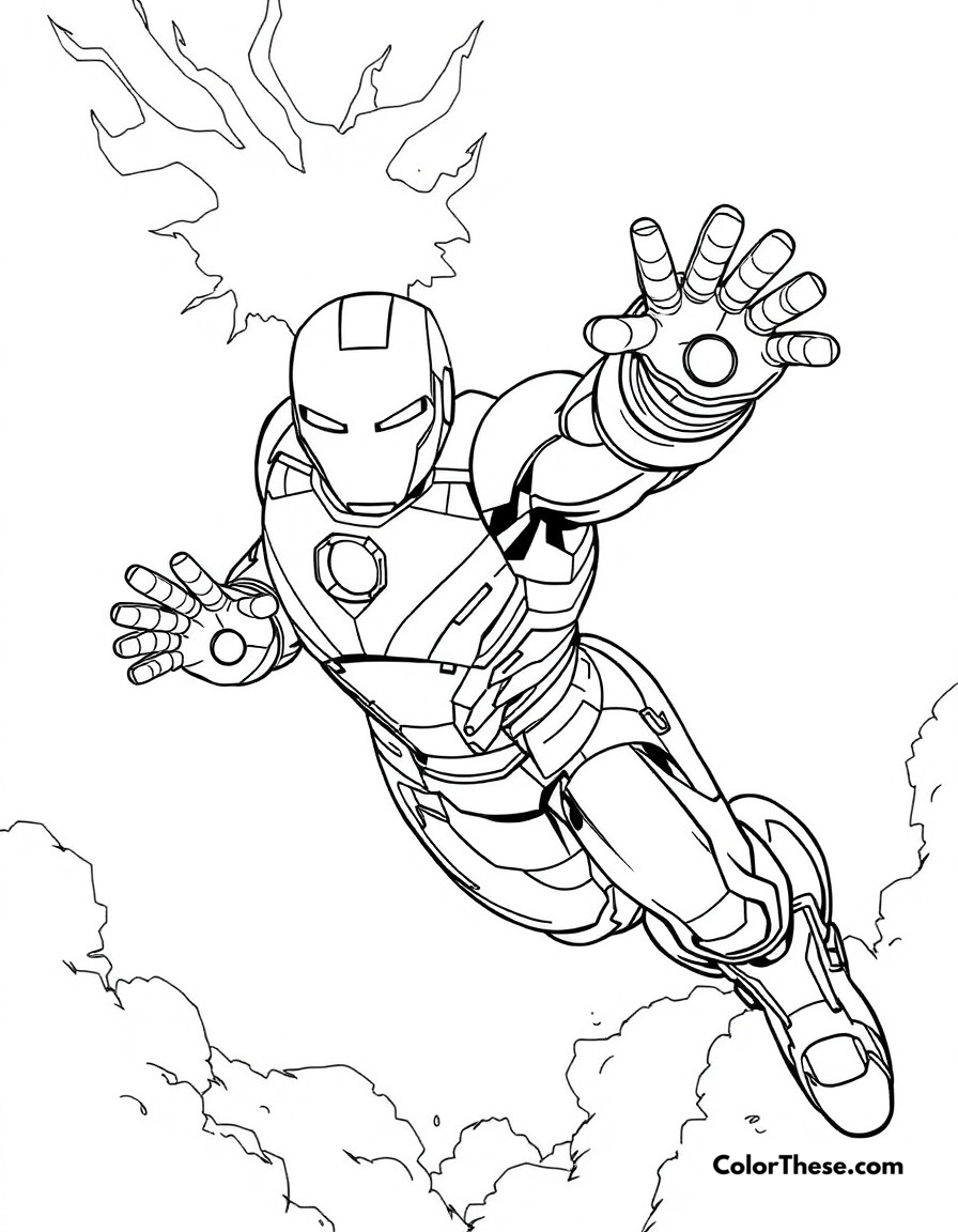 Free printable iron man flight coloring page for kids and adults - A iron man soaring through the sky with his repulsors blazing.