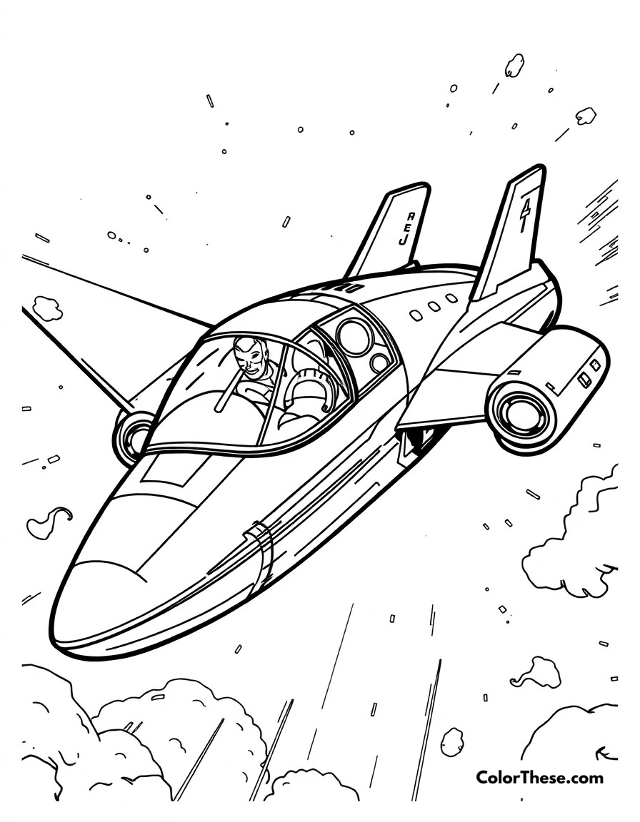 Free printable quinjet attack coloring page for kids and adults - A the avengers' quinjet in flight during a mission.