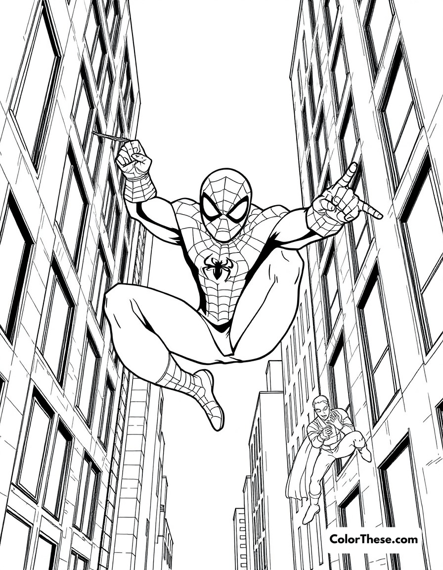 Free printable spider-man swing coloring page for kids and adults - A spider-man swinging between buildings with the avengers.