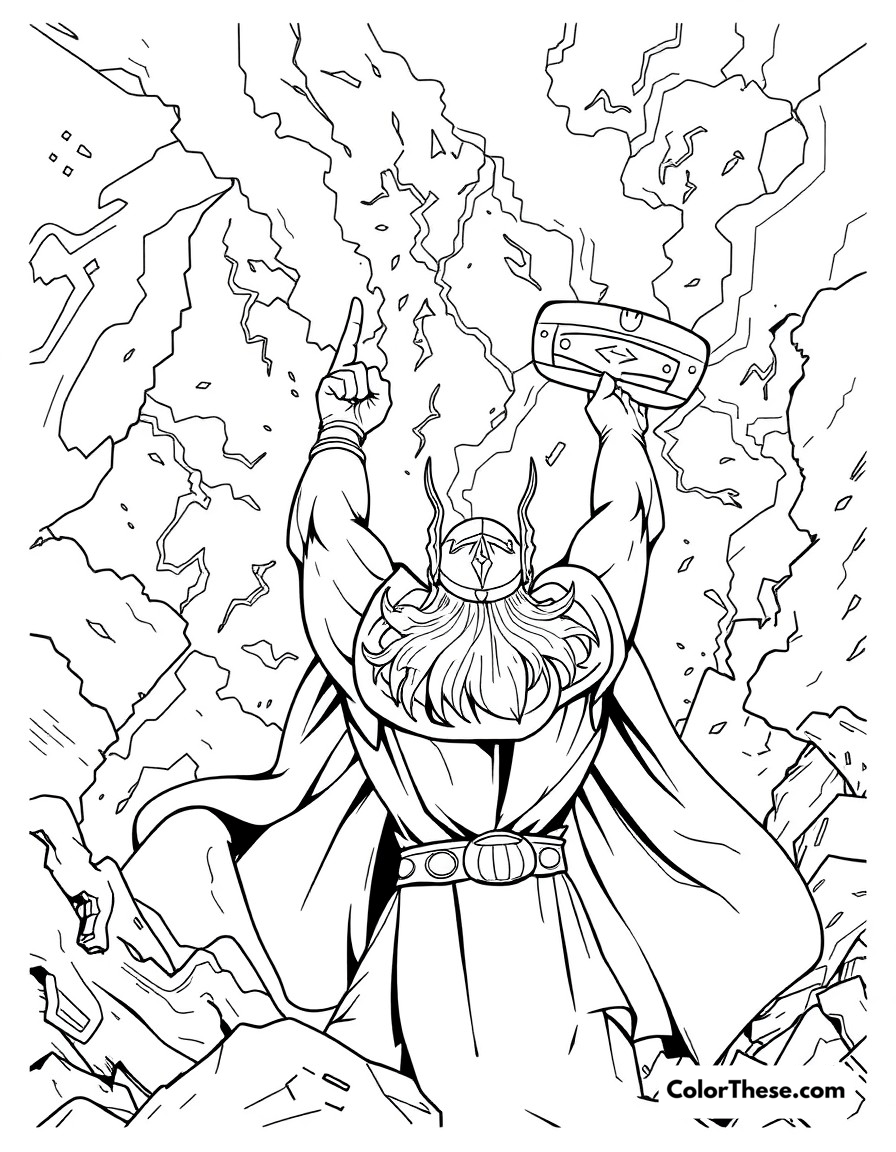 Free printable thor's lightning coloring page for kids and adults - A thor calling down lightning with mjolnir raised to the stormy sky.