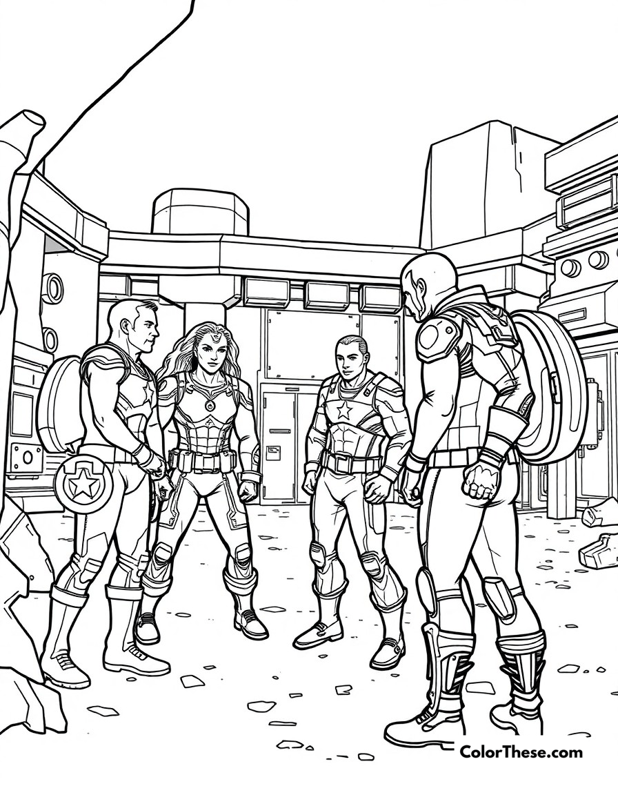 Free printable avengers training coloring page for kids and adults - A the team training together in the avengers compound.