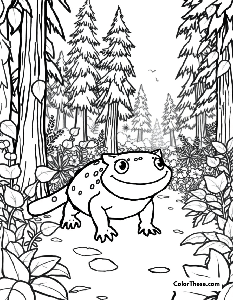 Free printable axolotl in the enchanted forest coloring page for kids and adults - A in this picture, there's a friendly axolotl with big smiley eyes, walking through a magical forest filled with tall trees and leafy plants.