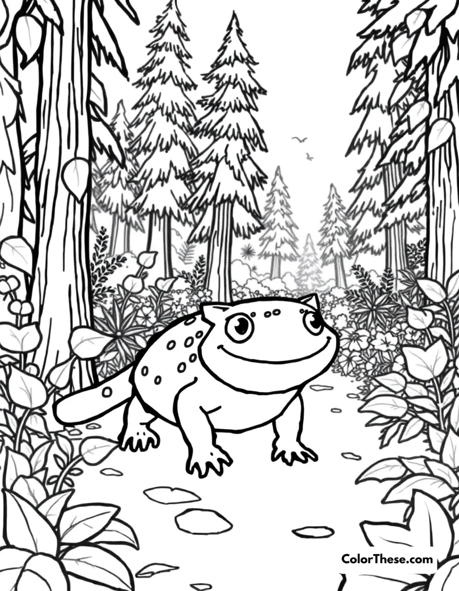 Free printable axolotl in the enchanted forest coloring page. In this picture, there's a friendly axolotl with big smiley eyes, walking through a magical forest filled with tall trees and leafy plants.