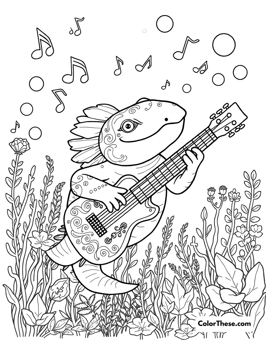 Free printable axolotl's underwater music jam coloring page for kids and adults - A here's our axolotl, playing a beautifully decorated guitar underwater! around him, there are music notes floating and lots of underwater plants and bubbles.