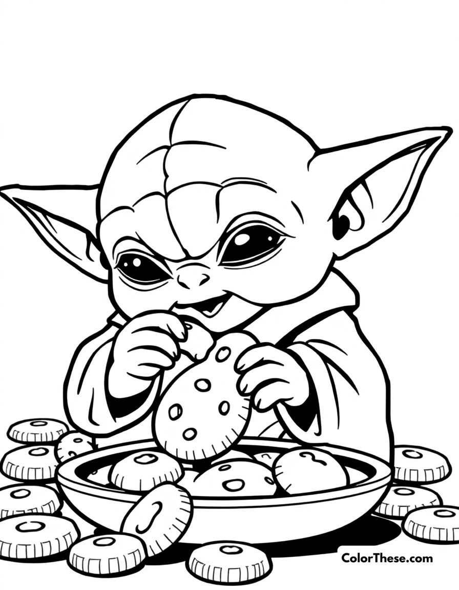 Free printable cookie snack coloring page for kids and adults - A baby yoda sneakily enjoying his favorite blue cookies from the classroom.