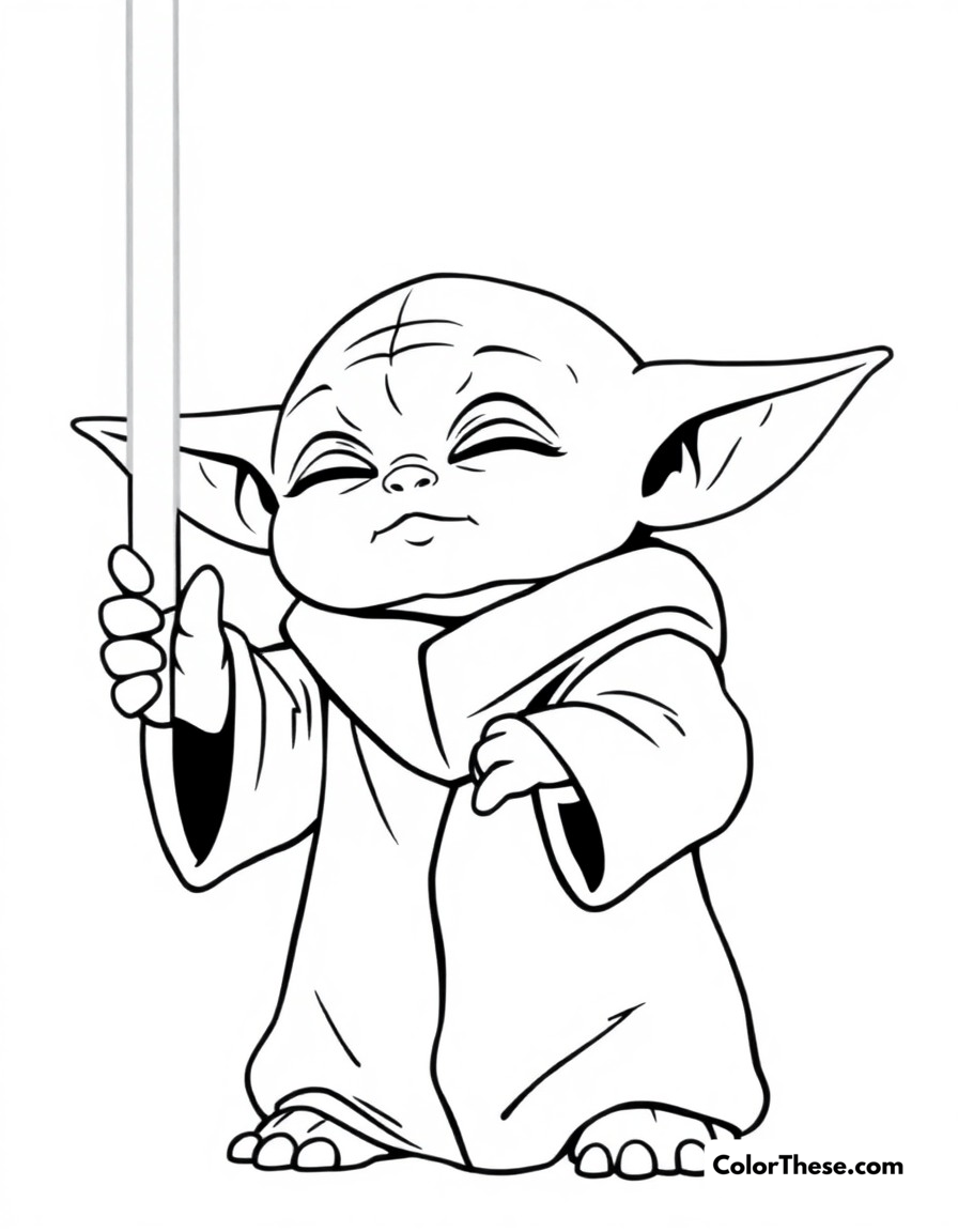 Free printable force powers coloring page for kids and adults - A baby yoda using the force to lift an object, with his hand outstretched and eyes closed in concentration.