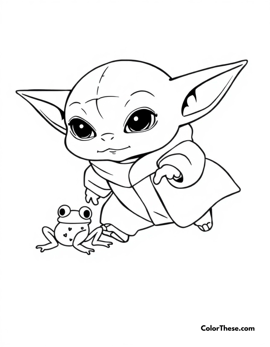 Free printable frog chase coloring page for kids and adults - A baby yoda chasing after a frog, his favorite snack, with a mischievous expression.