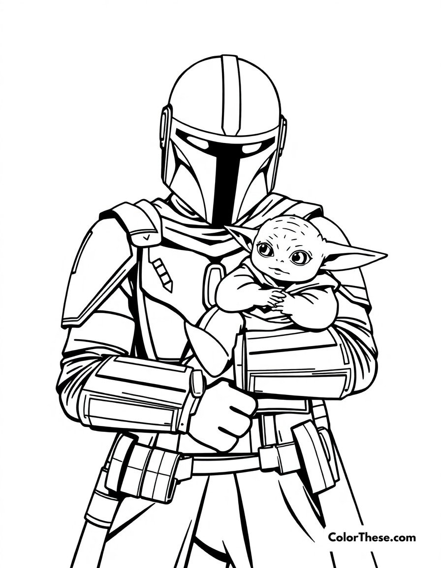 Free printable mando and child coloring page for kids and adults - A the mandalorian holding baby yoda protectively, both ready for adventure.