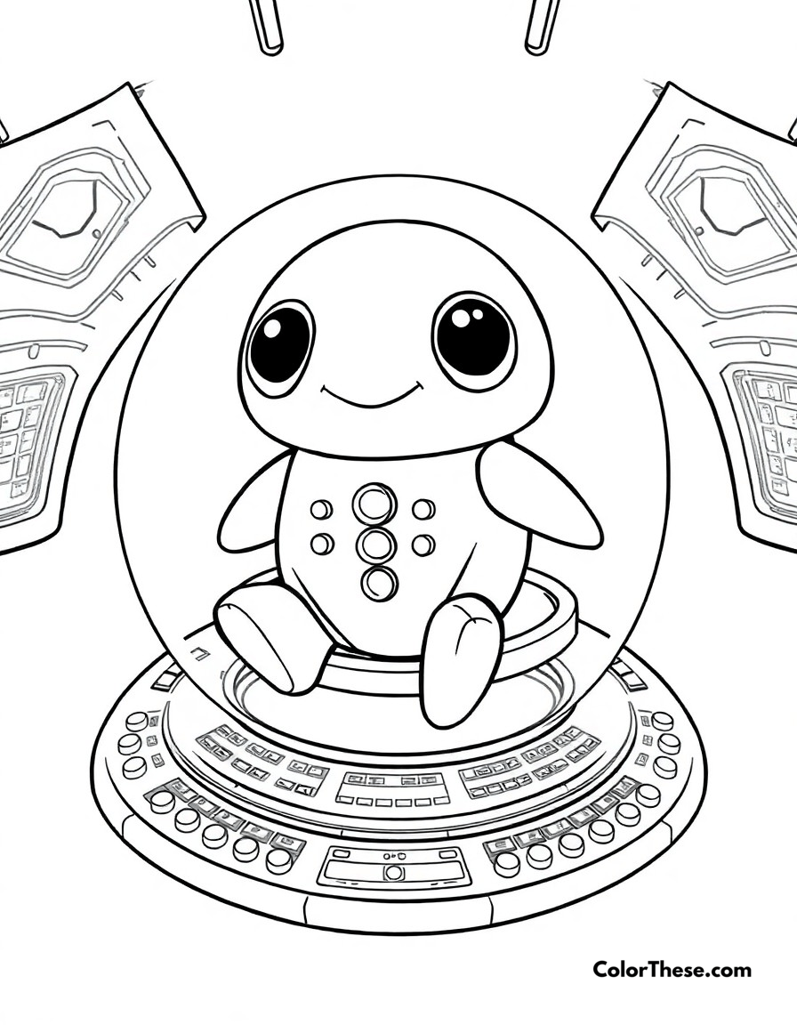 Free printable hovering pod coloring page for kids and adults - A grogu floating in his signature hovering pod, surrounded by control panels and buttons.