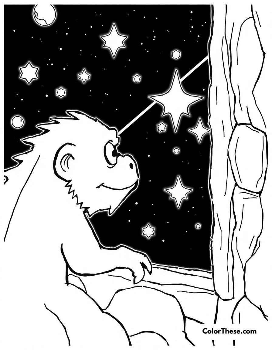 Free printable space travel coloring page for kids and adults - A grogu looking out the window of the razor crest at the stars passing by.