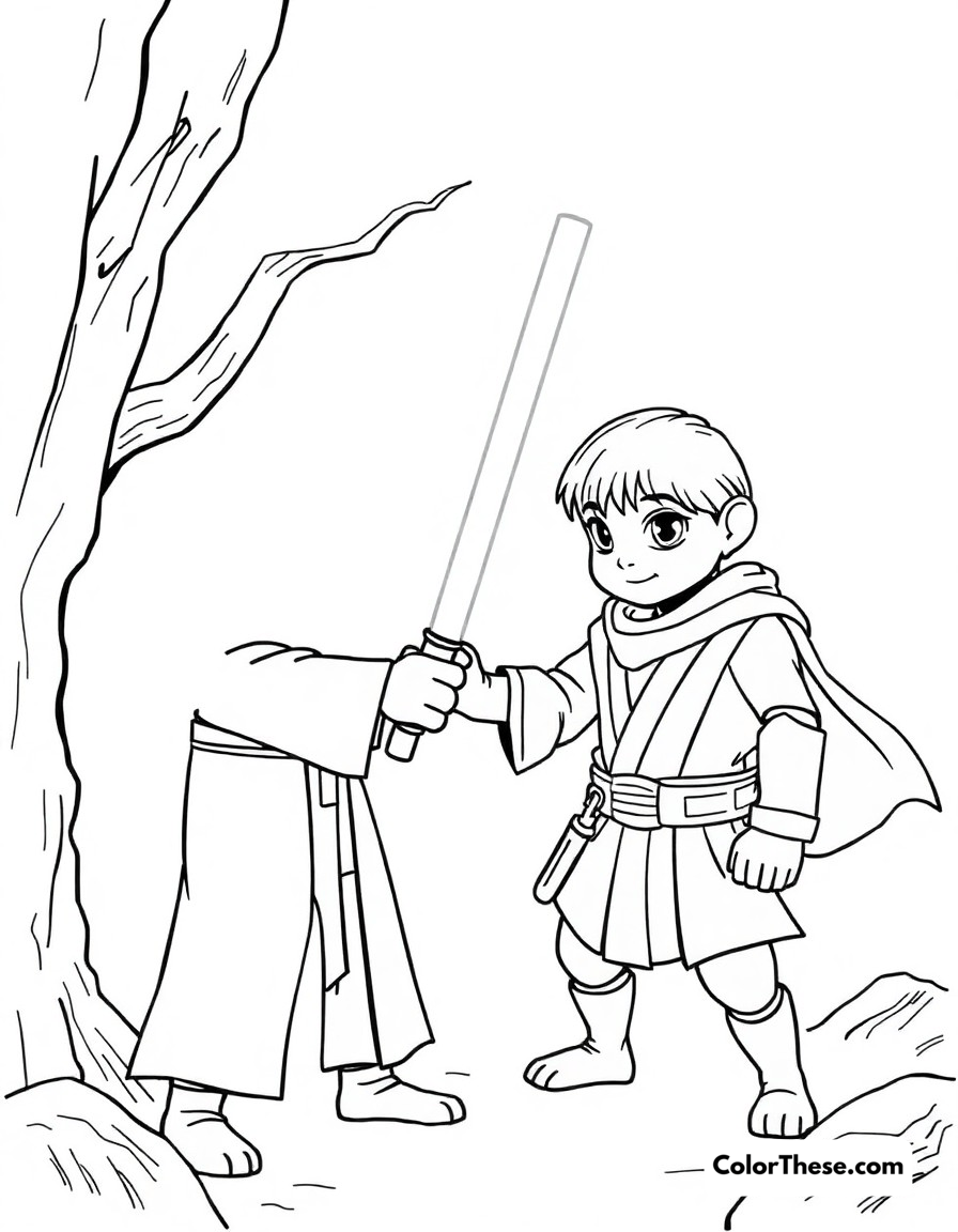 Free printable jedi training coloring page for kids and adults - A grogu practicing his force abilities with luke skywalker watching over him.