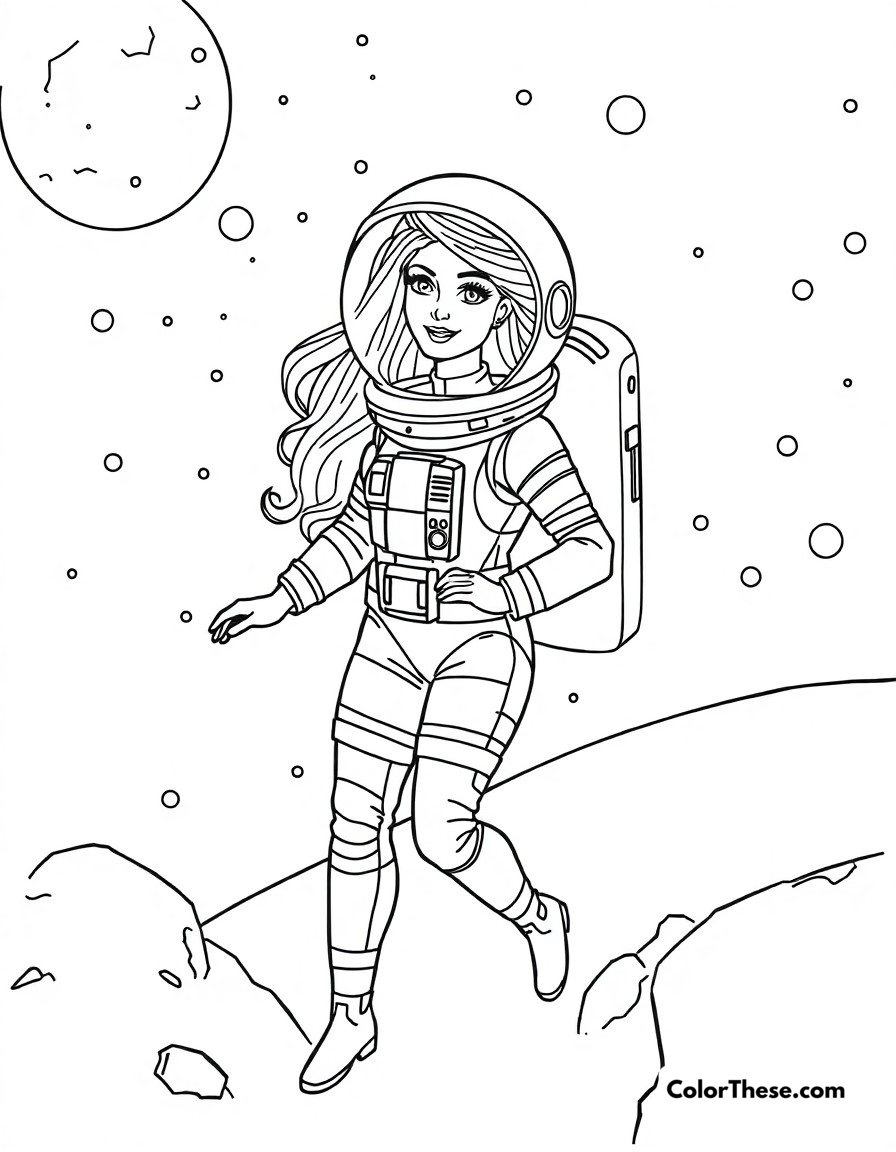 Free printable astronaut barbie coloring page for kids and adults - A barbie in a space suit exploring the cosmos as an astronaut.