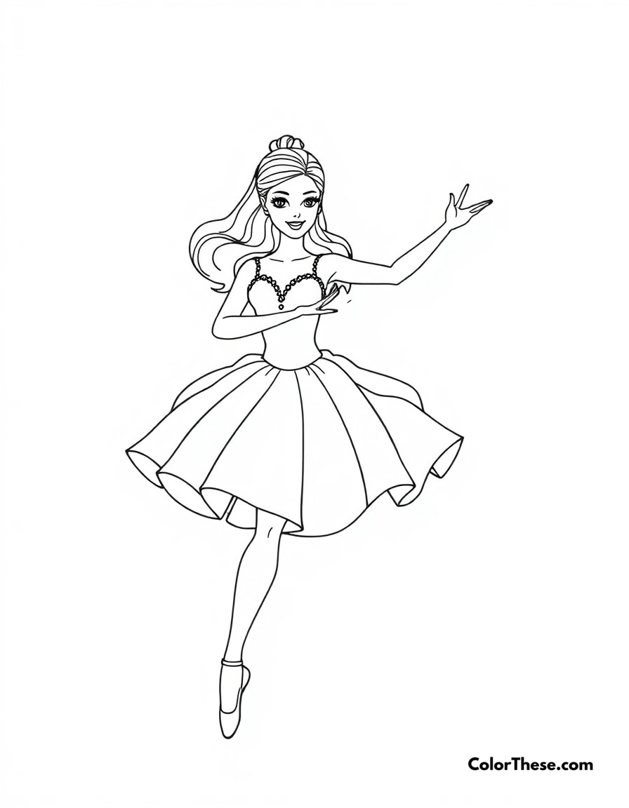 Free printable ballerina barbie coloring page for kids and adults - A barbie performing a graceful ballet dance in a beautiful tutu.