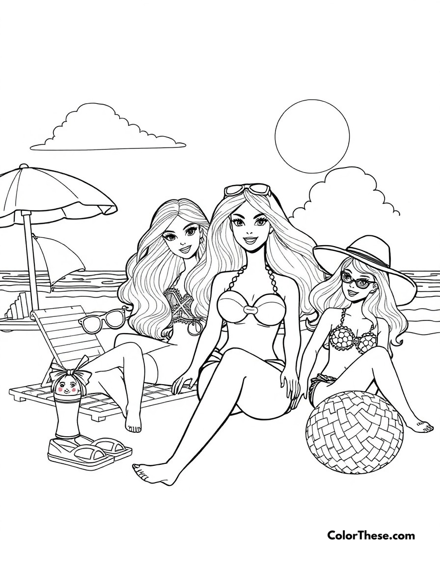 Free printable barbie's beach day coloring page for kids and adults - A barbie enjoying a sunny day at the beach with her friends and beach accessories.