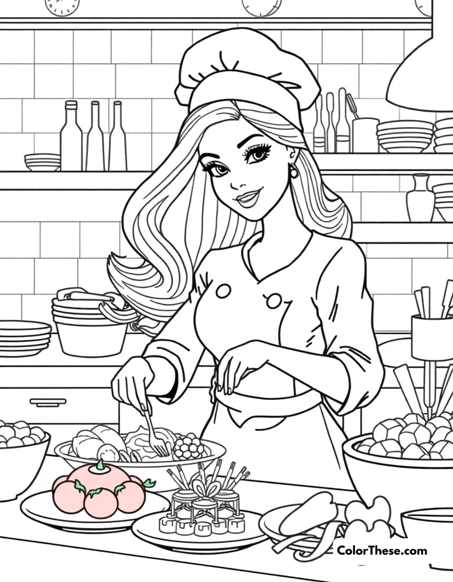 Free printable chef barbie coloring page for kids and adults - A barbie as a professional chef creating delicious dishes in her restaurant kitchen.