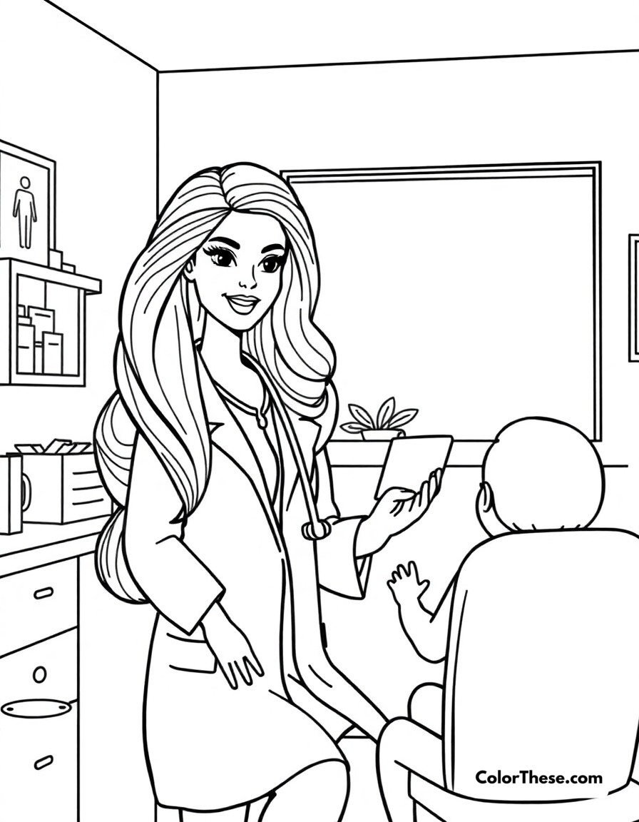 Free printable doctor barbie coloring page for kids and adults - A barbie as a caring doctor helping patients in her medical office.