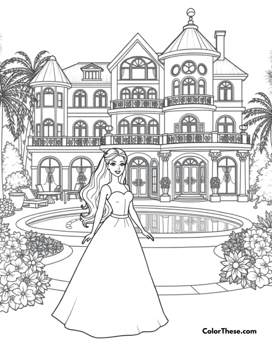 Free printable barbie's dream house coloring page for kids and adults - A barbie in front of her magnificent dream house with multiple floors, a pool, and beautiful gardens.