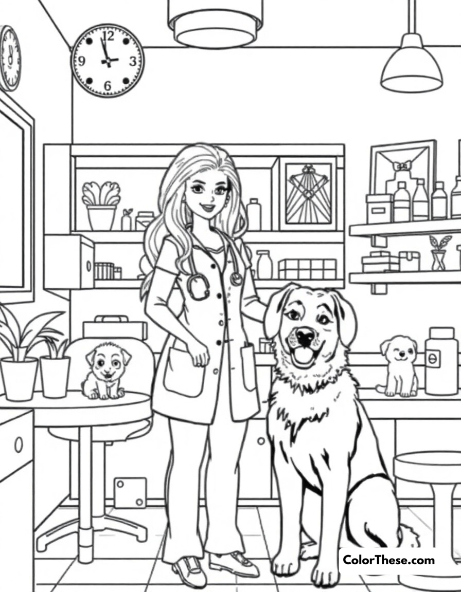 Free printable barbie's pet salon coloring page for kids and adults - A barbie as a veterinarian taking care of adorable pets in her modern pet salon.