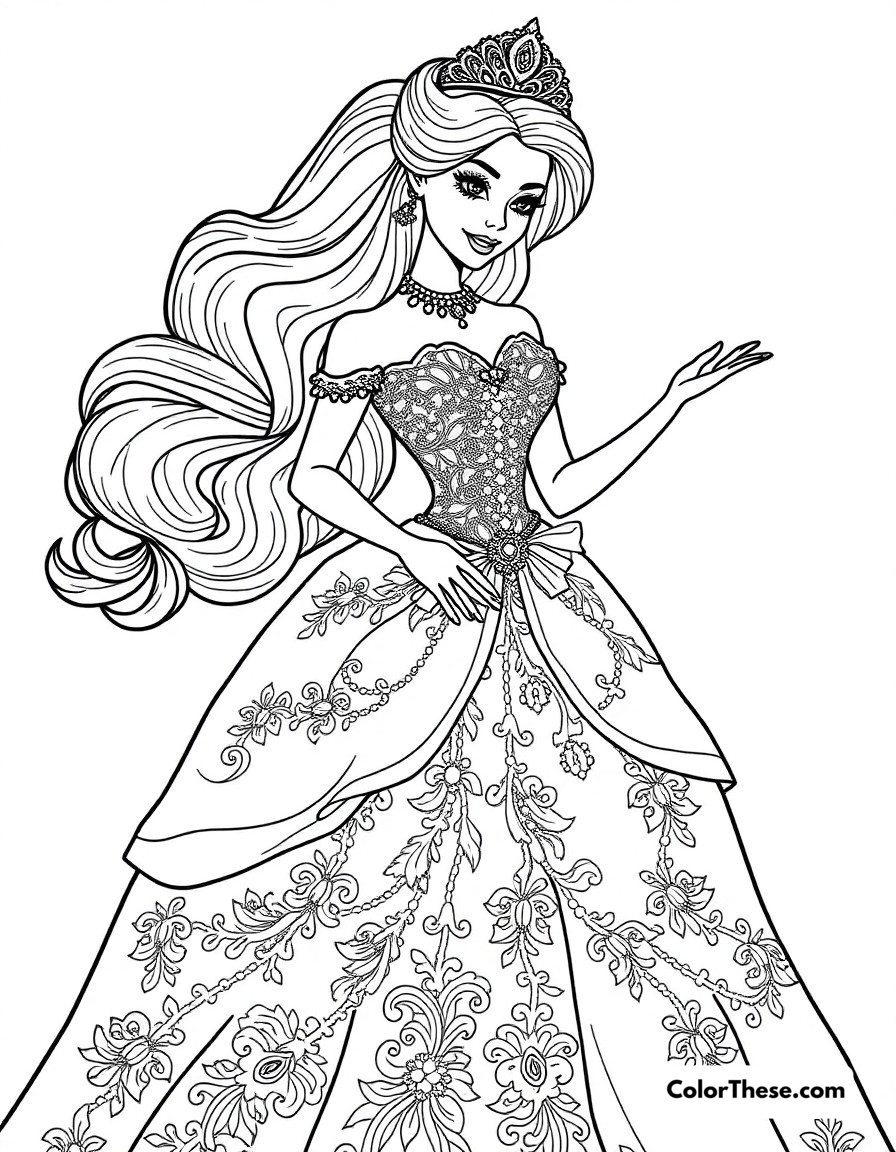 Free printable princess barbie coloring page for kids and adults - A barbie in an elegant princess gown with intricate details and sparkling accessories.