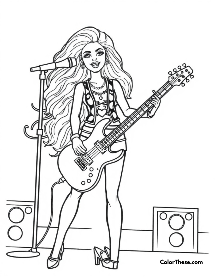 Free printable rock star barbie coloring page for kids and adults - A barbie performing on stage as a rock star with her electric guitar.