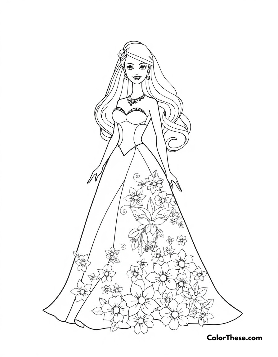 Free printable wedding barbie coloring page for kids and adults - A barbie in a stunning wedding dress with beautiful floral decorations.