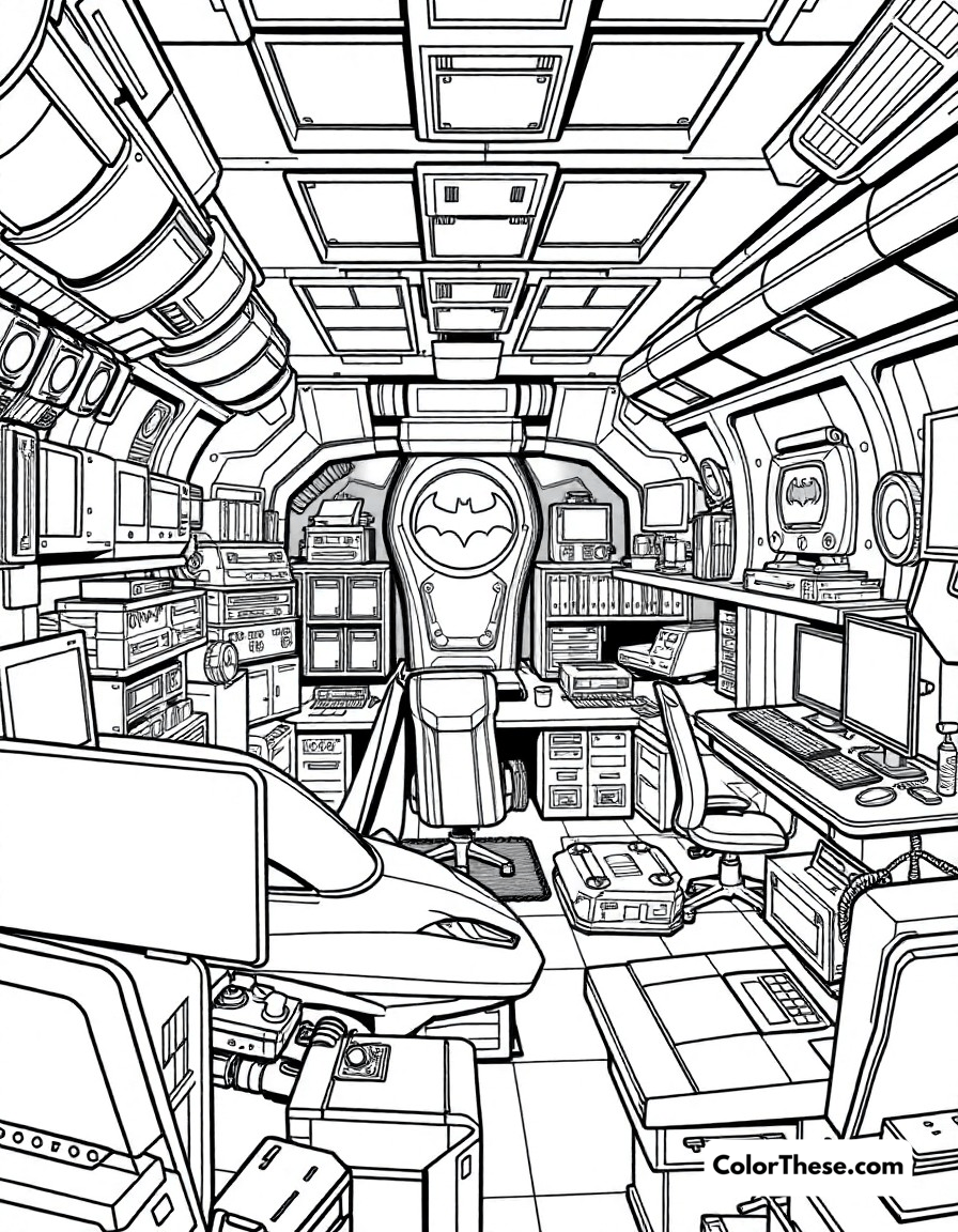 Free printable batcave headquarters coloring page for kids and adults - A the high-tech batcave filled with batman's vehicles, computers, and crime-fighting equipment.